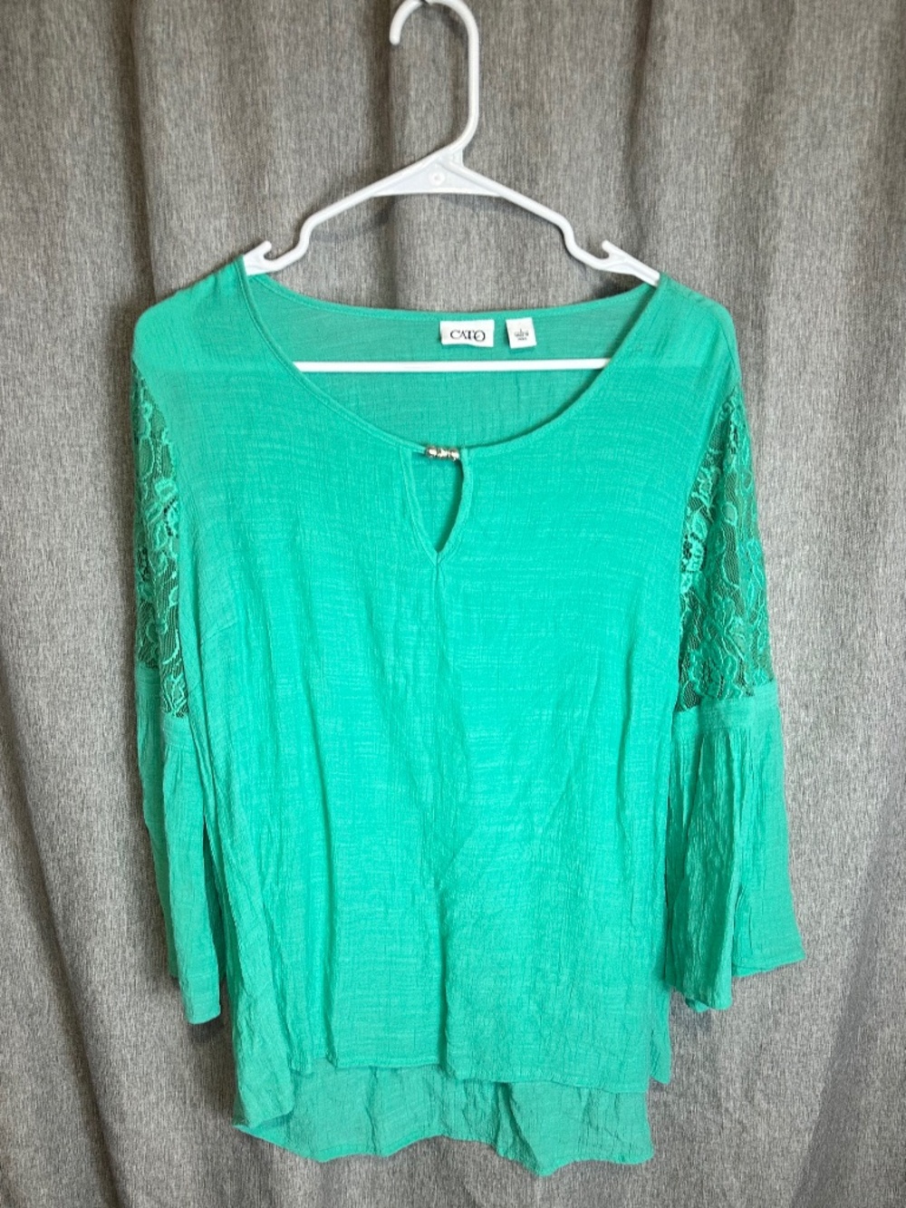 Cato Seafoam Green Crochet Lace Panel 3/4 Bell Sleeve Keyhole Blouse Top Large